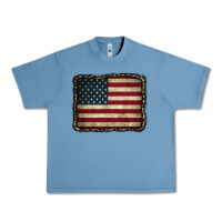 Pebble Blue American Flag With Leopard Frame Urban Heavy Tee - CowCowDesign