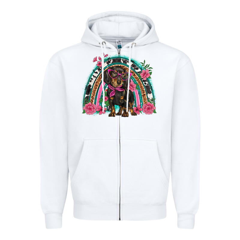 Dachshund Dog Pink  Floral Rainbow Zipper Hoodie by BarkalooDesign | Teevron