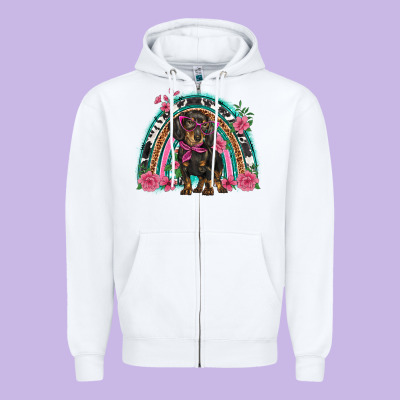 Dachshund Dog Pink  Floral Rainbow Zipper Hoodie Designed By Barkaloodesign