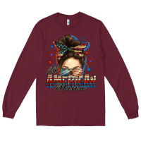 Burgundy All American mama messy bun 4th of july Long Sleeve Tee - FaDigitalArtStudio