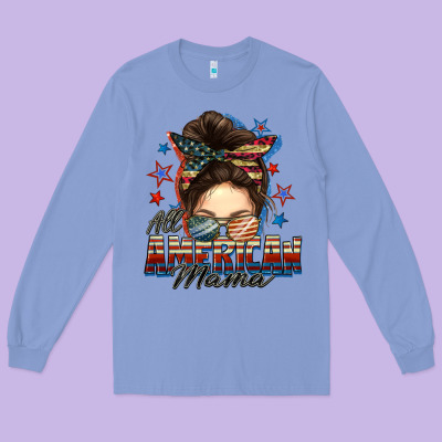 All American Mama Messy Bun 4th Of July Long Sleeve Tee Designed By Fadigitalartstudio