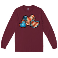 Burgundy American flag hearts 4th of july Long Sleeve Tee - FaDigitalArtStudio