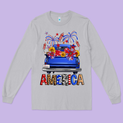 Western Fourth Of July America Truck Long Sleeve Tee Designed By Fadigitalartstudio