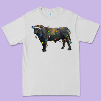 Christmas Black Angus Bull With Christmas Lights Premium Tee Designed By Ranaportraitstore