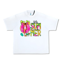 White Hello Summer Donut Girl Urban Heavy Tee - CowCowDesign