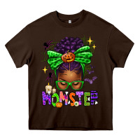 Chocolate Brown Halloween Afro Messy Bun Momster Heavy Core Tee - texasbilliewilder