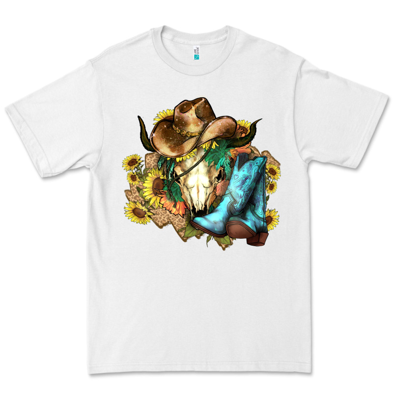 Cow Skull Cowboy Boots Hats Sunflowers Premium Tee by HowdyJamesFarm | Teevron