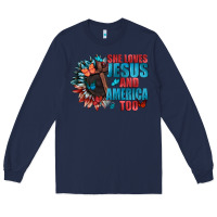 Navy She love Jesus and America too Long Sleeve Tee - FaDigitalArtStudio