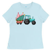 Baby Blue Christmas tree tractor Ladies Tee - CowGirlArtShop