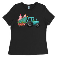 Black Christmas tree tractor Ladies Tee - CowGirlArtShop