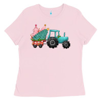 Bubblegum Pink Christmas tree tractor Ladies Tee - CowGirlArtShop