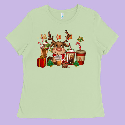 Reindeer Coffe Cups Christmas Ladies Tee Designed By Cowgirlartshop