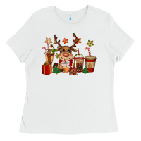 White reindeer coffe cups christmas Ladies Tee - CowGirlArtShop
