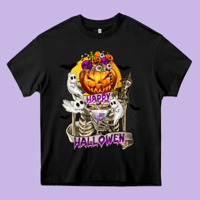 Happy Halloween With Skeleton Heavy Core Tee Designed By Texasbilliewilder