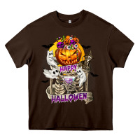 Chocolate Brown Happy Halloween with Skeleton Heavy Core Tee - texasbilliewilder