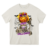 Cream Happy Halloween with Skeleton Heavy Core Tee - texasbilliewilder