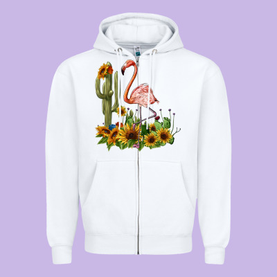 Flamingo With Cactus And Sunflowers Zipper Hoodie Designed By Barkaloodesign
