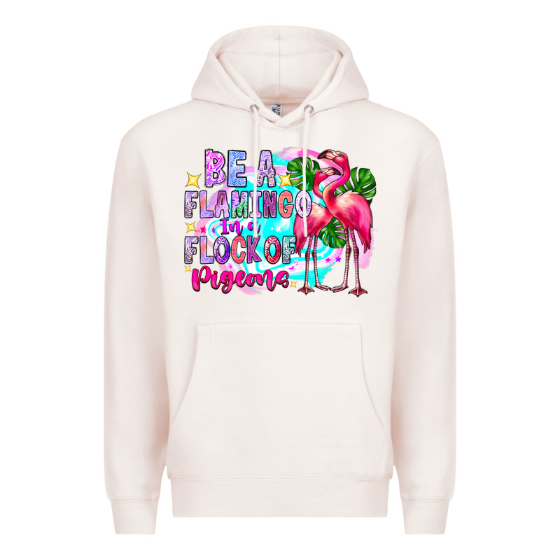Bea Flamingo In A Flock Of Pigeons Premium Hoodie by CowhideDigitalArt | Teevron