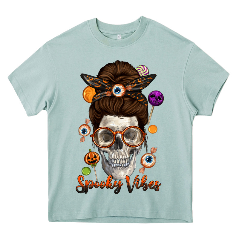 Spooky Vibes Skull Messy Bun Heavy Core Tee by texasbilliewilder | Teevron