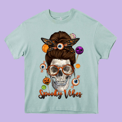 Spooky Vibes Skull Messy Bun Heavy Core Tee Designed By Texasbilliewilder