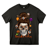 Asphalt Spooky Vibes Skull Messy Bun Heavy Core Tee - texasbilliewilder