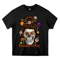 Black Spooky Vibes Skull Messy Bun Heavy Core Tee - texasbilliewilder