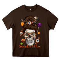 Chocolate Brown Spooky Vibes Skull Messy Bun Heavy Core Tee - texasbilliewilder