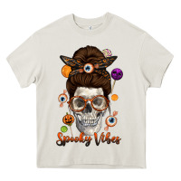Cream Spooky Vibes Skull Messy Bun Heavy Core Tee - texasbilliewilder