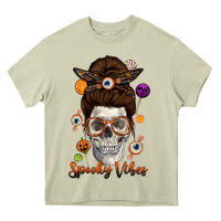 Mossy Spooky Vibes Skull Messy Bun Heavy Core Tee - texasbilliewilder