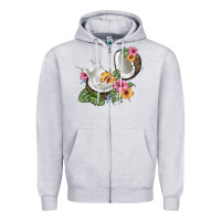 Heather Grey coconut with tropical leavers and flowers Zipper Hoodie - BarkalooDesign