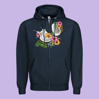 Coconut With Tropical Leavers And Flowers Zipper Hoodie Designed By Barkaloodesign