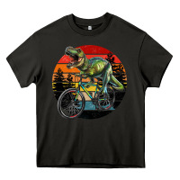 Asphalt t rex dinosaur riding bicycle with retro forest sunset Heavy Core Tee - RanaPortraitStore