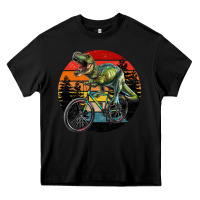 Black t rex dinosaur riding bicycle with retro forest sunset Heavy Core Tee - RanaPortraitStore