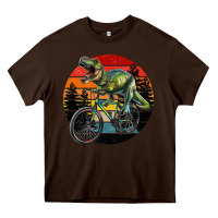 Chocolate Brown t rex dinosaur riding bicycle with retro forest sunset Heavy Core Tee - RanaPortraitStore