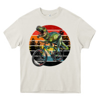 Cream t rex dinosaur riding bicycle with retro forest sunset Heavy Core Tee - RanaPortraitStore