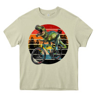 Mossy t rex dinosaur riding bicycle with retro forest sunset Heavy Core Tee - RanaPortraitStore
