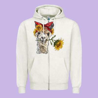 Alpaca With Sunflowers And Bandana Zipper Hoodie Designed By Barkaloodesign