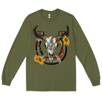 Army Green bull skull with horseshoe Long Sleeve Tee - RanaPortraitStore