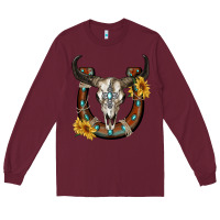 Burgundy bull skull with horseshoe Long Sleeve Tee - RanaPortraitStore