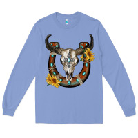 Colony Blue bull skull with horseshoe Long Sleeve Tee - RanaPortraitStore