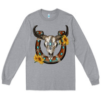 Heather Grey bull skull with horseshoe Long Sleeve Tee - RanaPortraitStore