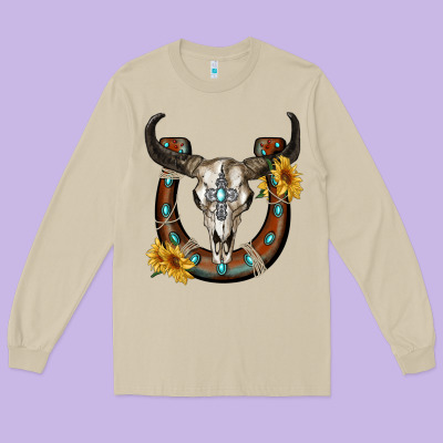 Bull Skull With Horseshoe Long Sleeve Tee Designed By Ranaportraitstore