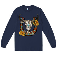 Navy bull skull with horseshoe Long Sleeve Tee - RanaPortraitStore