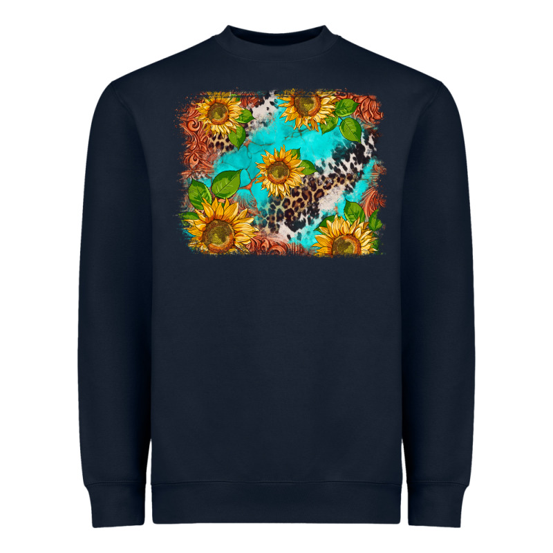 Western Sunflowers Turquoise Cowhide  Tooled Leather Heavyweight Sweatshirt by BarkalooDesign | Teevron