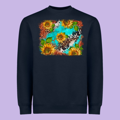 Western Sunflowers Turquoise Cowhide  Tooled Leather Heavyweight Sweatshirt Designed By Barkaloodesign