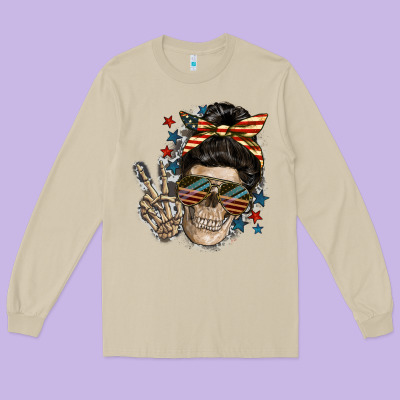 American Mother Skull Long Sleeve Tee Designed By Fadigitalartstudio