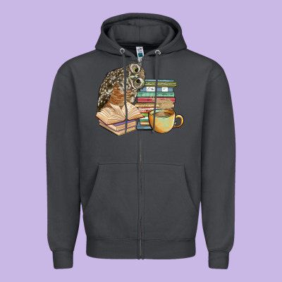 Owl And Books Zipper Hoodie Designed By Barkaloodesign