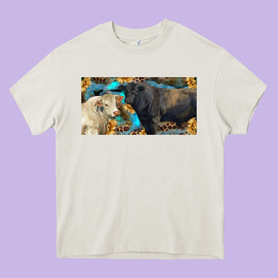 Charolais And Black Angus Bull With Sunflower And Leopard Heavy Core Tee Designed By Ranaportraitstore