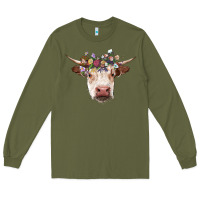 Army Green hereford cow with floral headband Long Sleeve Tee - RanaPortraitStore