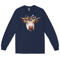 Navy hereford cow with floral headband Long Sleeve Tee - RanaPortraitStore